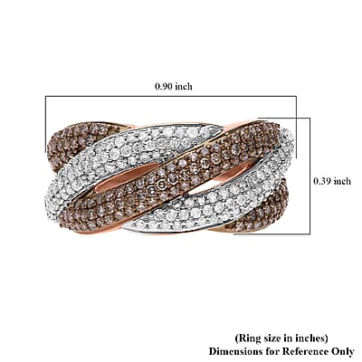 Natural Champagne and White Diamond Criss Cross Ring in Vermeil Rose Gold Over Sterling Silver (Size 10.0) 1.00 ctw