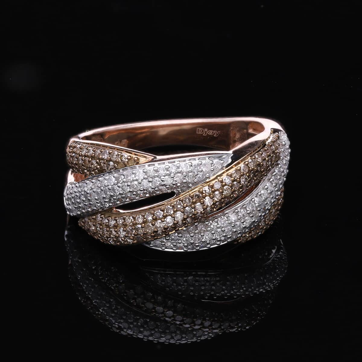 Natural Champagne and White Diamond Criss Cross Ring in Vermeil Rose Gold Over Sterling Silver (Size 7.0) 1.00 ctw image number 1