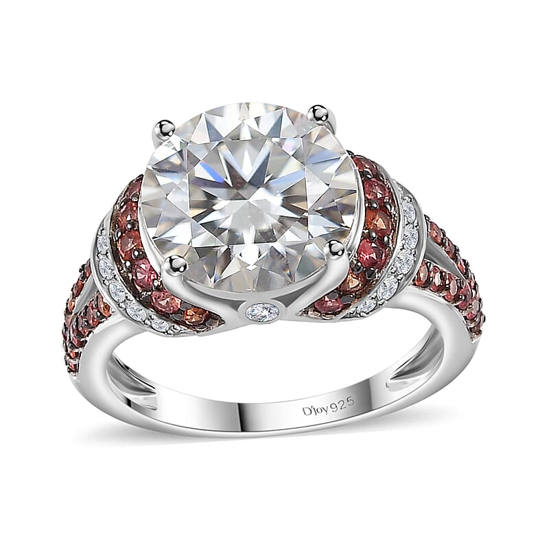 Moissanite and Red Sapphire Ring in Platinum Over Sterling Silver (Size 10.0) 4.30 ctw