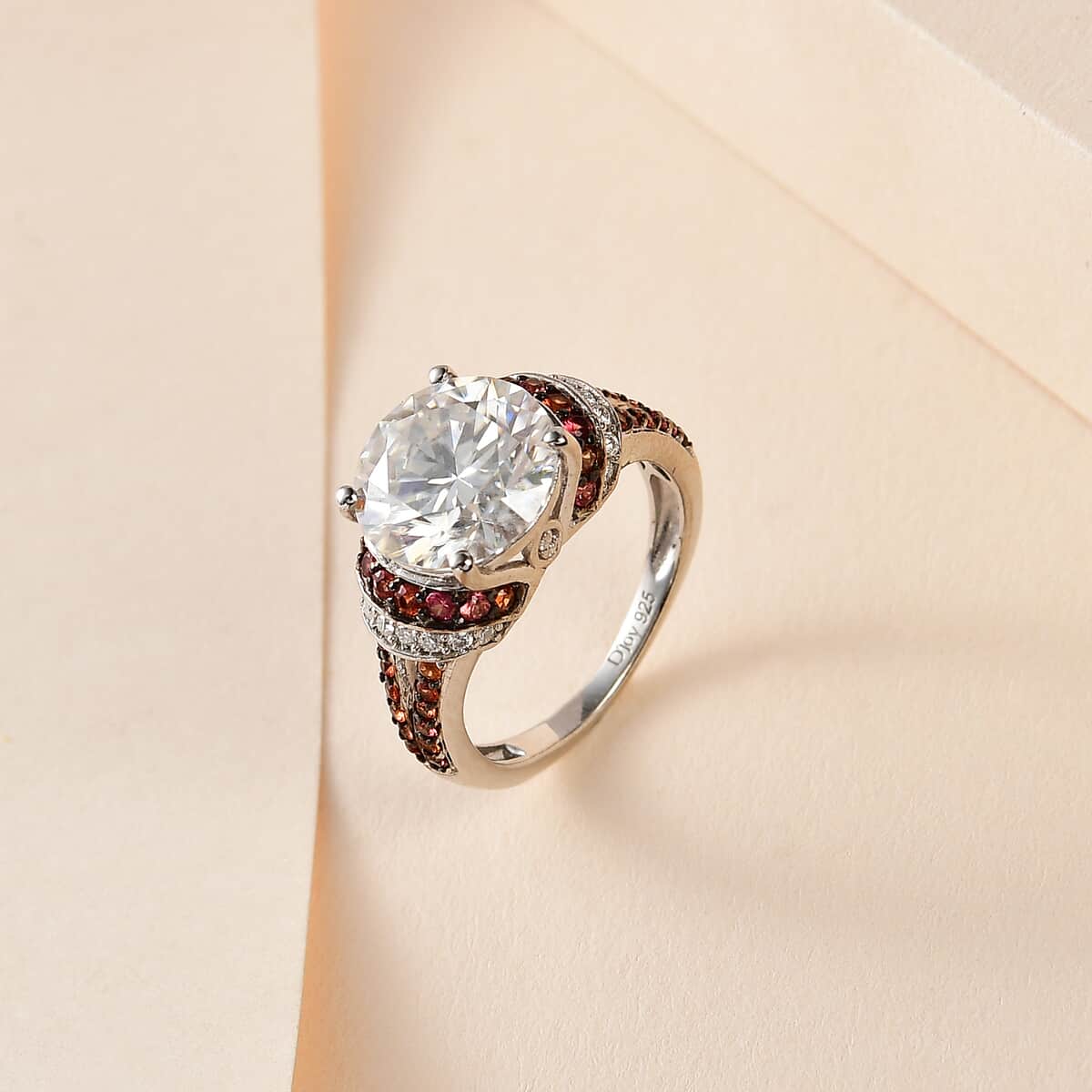 TLV Moissanite (Rnd 10 mm), Red Sapphire Ring in Platinum Over Sterling Silver (Size 10.0) 4.30 ctw image number 1