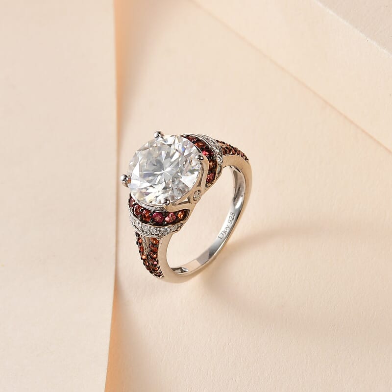 Moissanite and Red Sapphire Ring in Platinum Over Sterling Silver (Size 10.0) 4.30 ctw