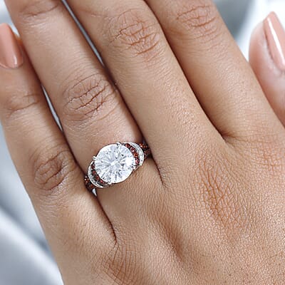 Moissanite and Red Sapphire Ring in Platinum Over Sterling Silver (Size 10.0) 4.30 ctw