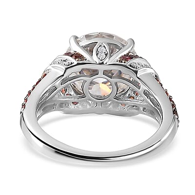 Moissanite and Red Sapphire Ring in Platinum Over Sterling Silver (Size 10.0) 4.30 ctw