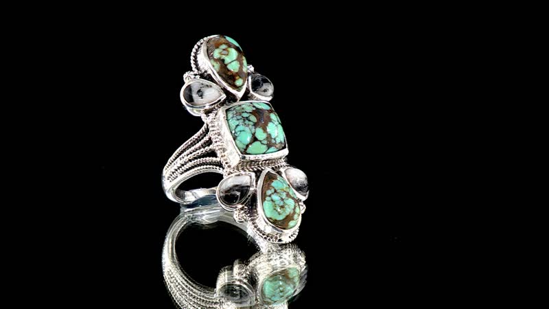 Artisan Crafted Premium Blue Moon Turquoise and White Buffalo Ring in Black Oxidized Sterling Silver (Size 10.0) 7.90 ctw