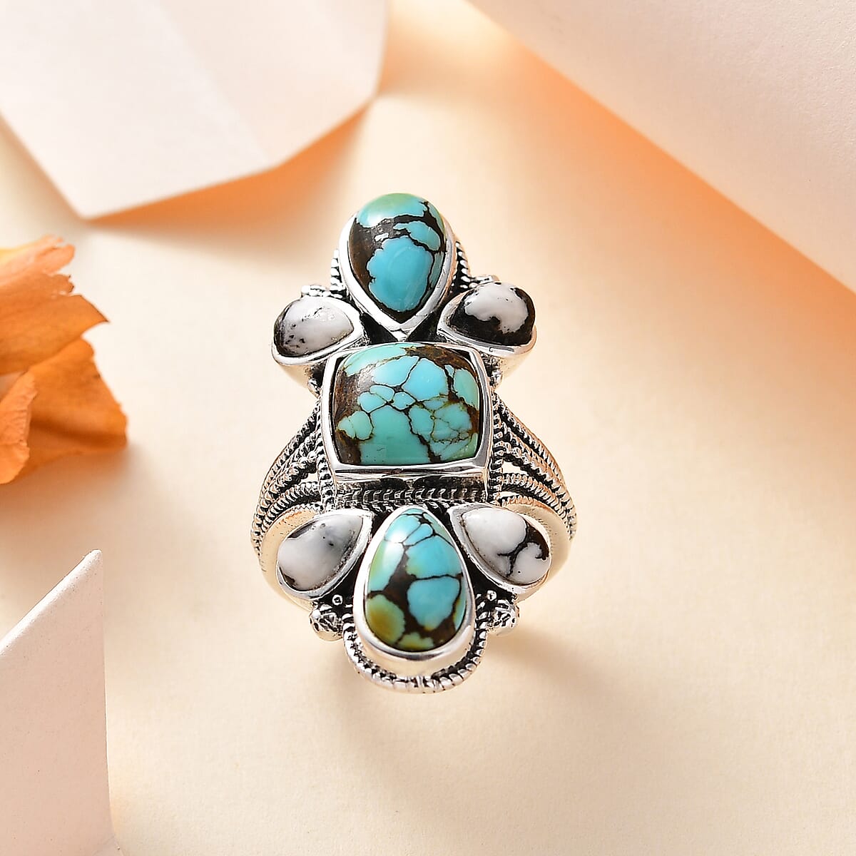 Artisan Crafted Blue Moon Turquoise and White Buffalo Ring in Sterling Silver (Size 8.0) 7.90 ctw image number 1