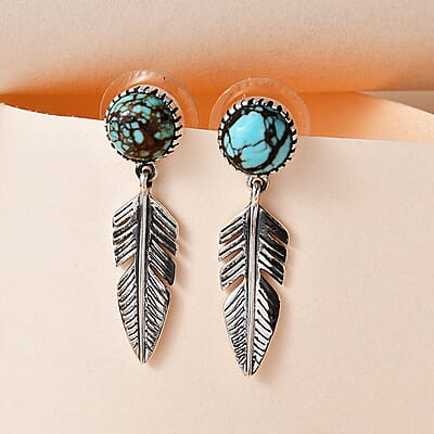 D'Joy Artisan Crafted Blue Moon Turquoise Feather Earrings in Sterling Silver 4.00 ctw