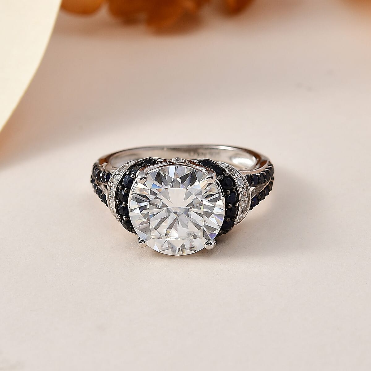 Moissanite and Blue Sapphire Ring in Platinum Over Sterling Silver (Size 6.0) 4.35 ctw image number 1