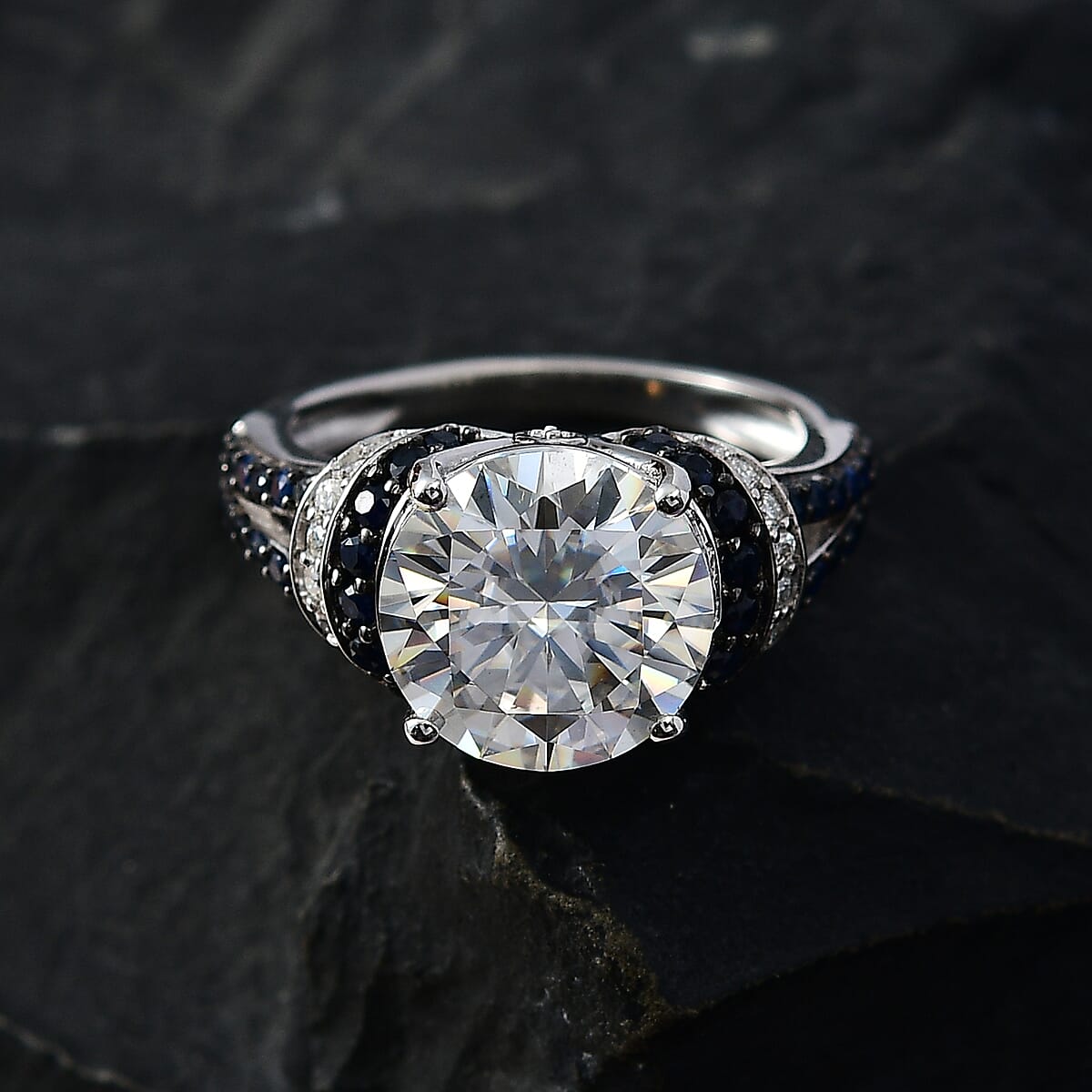 Moissanite and Blue Sapphire Ring in Platinum Over Sterling Silver (Size 6.0) 4.35 ctw image number 2