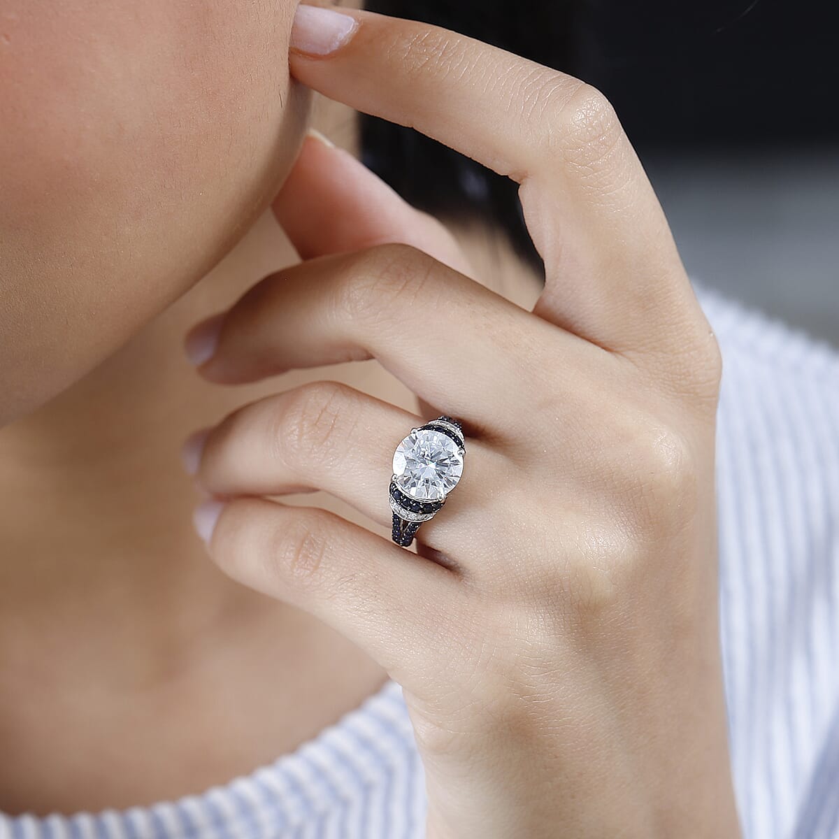 Moissanite and Blue Sapphire Ring in Platinum Over Sterling Silver (Size 6.0) 4.35 ctw image number 3