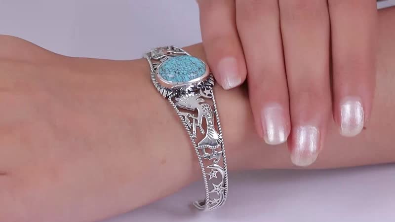 D'Joy Artisan Crafted Blue Moon Turquoise Kokopelli and Shooting Star Cuff Bracelet in Sterling Silver (7.25 In) 12.90 ctw