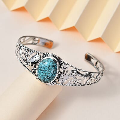 D'Joy Artisan Crafted Blue Moon Turquoise Kokopelli and Shooting Star Cuff Bracelet in Sterling Silver (7.25 In) 12.90 ctw