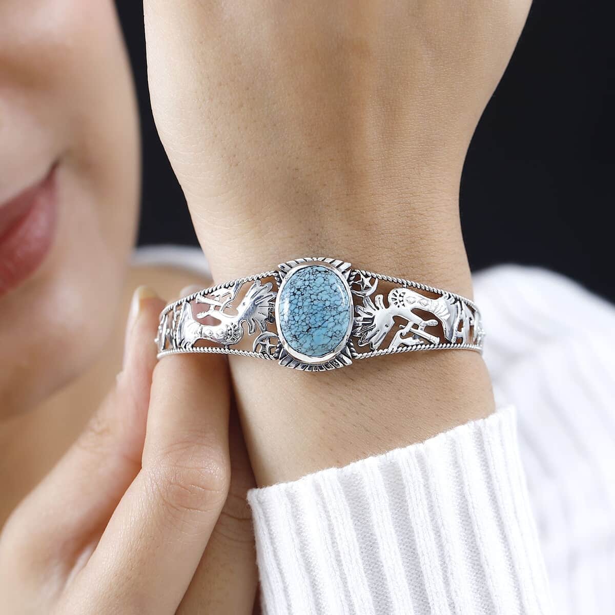 Artisan Crafted Blue Moon Turquoise Kokopelli and Shooting Star Cuff Bracelet in Sterling Silver (7.25 In) 12.90 ctw image number 2