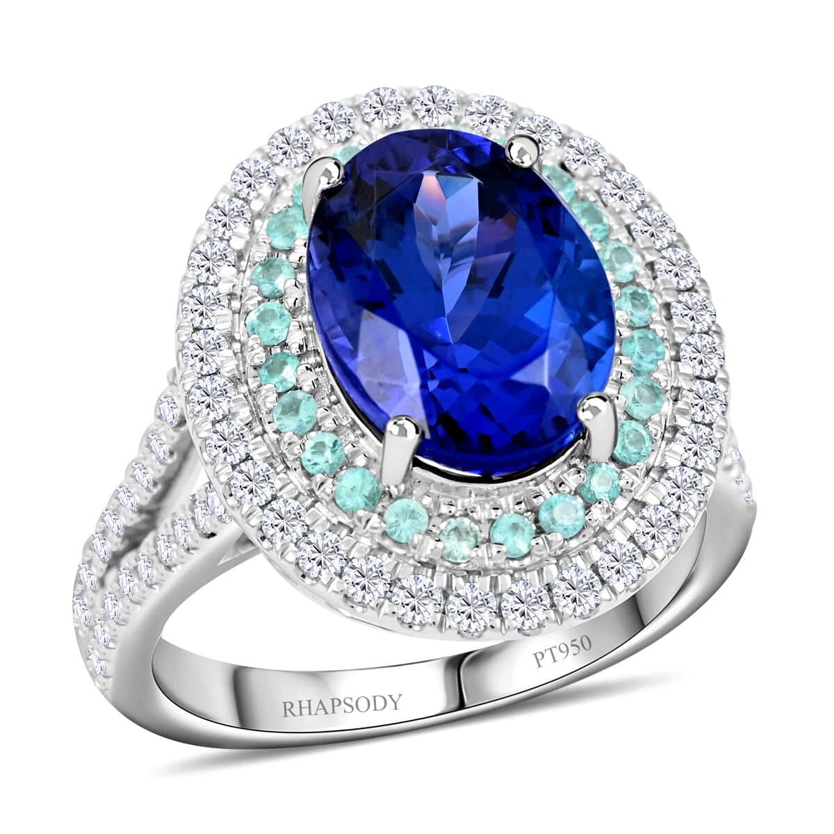 Certified & Appraised Rhapsody 950 Platinum AAAA Tanzanite and Paraiba Tourmaline, E-F VS Diamond Ring (Size 10.0) 10.60 Grams 5.55 ctw image number 0