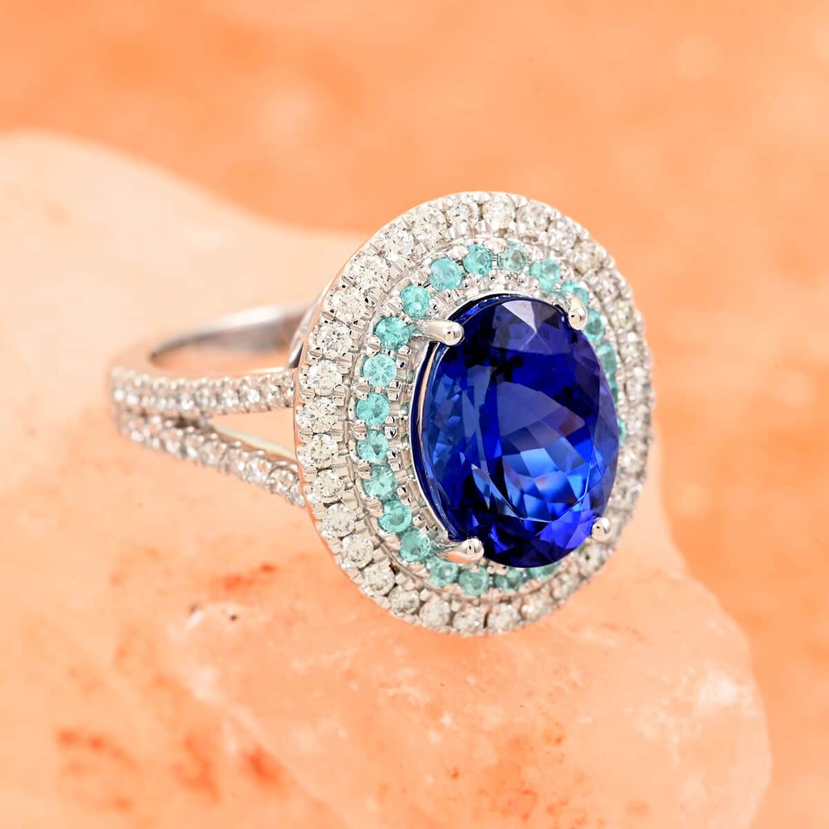 Certified & Appraised Rhapsody 950 Platinum AAAA Tanzanite and Paraiba Tourmaline, E-F VS Diamond Ring (Size 10.0) 10.60 Grams 5.55 ctw image number 1