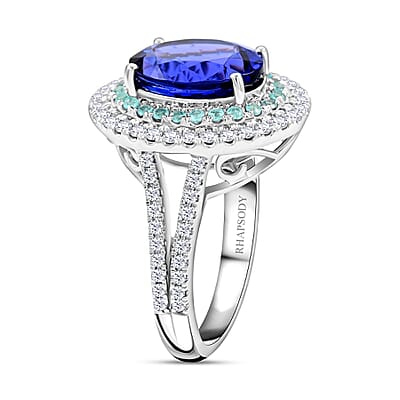 Certified & Appraised Rhapsody 950 Platinum AAAA Tanzanite and Paraiba Tourmaline, E-F VS Diamond Ring (Size 7.0) 10.60 Grams 5.55 ctw