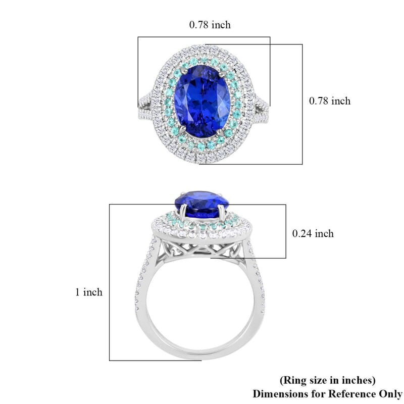 Certified & Appraised Rhapsody 950 Platinum AAAA Tanzanite and Paraiba Tourmaline, E-F VS Diamond Ring (Size 9.0) 10.60 Grams 5.55 ctw
