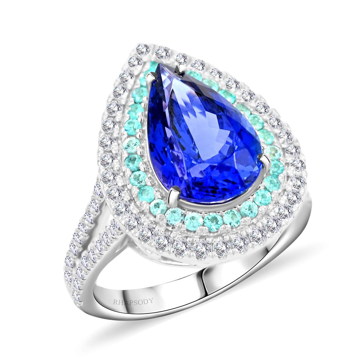 Certified & Appraised Rhapsody AAAA Tanzanite and Paraiba Tourmaline and E-F VS Diamond 5.65 ctw Ring in 950 Platinum (Size 6.0)