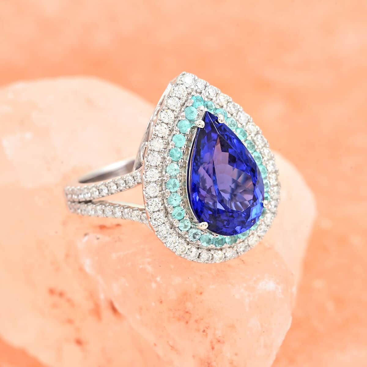 Certified & Appraised Rhapsody AAAA Tanzanite and Paraiba Tourmaline and E-F VS Diamond 5.65 ctw Ring in 950 Platinum (Size 6.0) 9.90 Grams image number 1