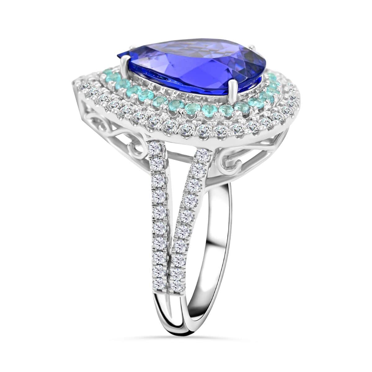 Certified & Appraised Rhapsody AAAA Tanzanite and Paraiba Tourmaline and E-F VS Diamond 5.65 ctw Ring in 950 Platinum (Size 6.0) 9.90 Grams image number 3