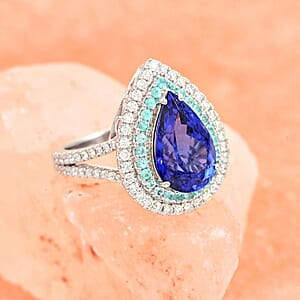 Certified & Appraised Rhapsody AAAA Tanzanite and Paraiba Tourmaline and E-F VS Diamond 5.65 ctw Ring in 950 Platinum (Size 7.0) 9.90 Grams