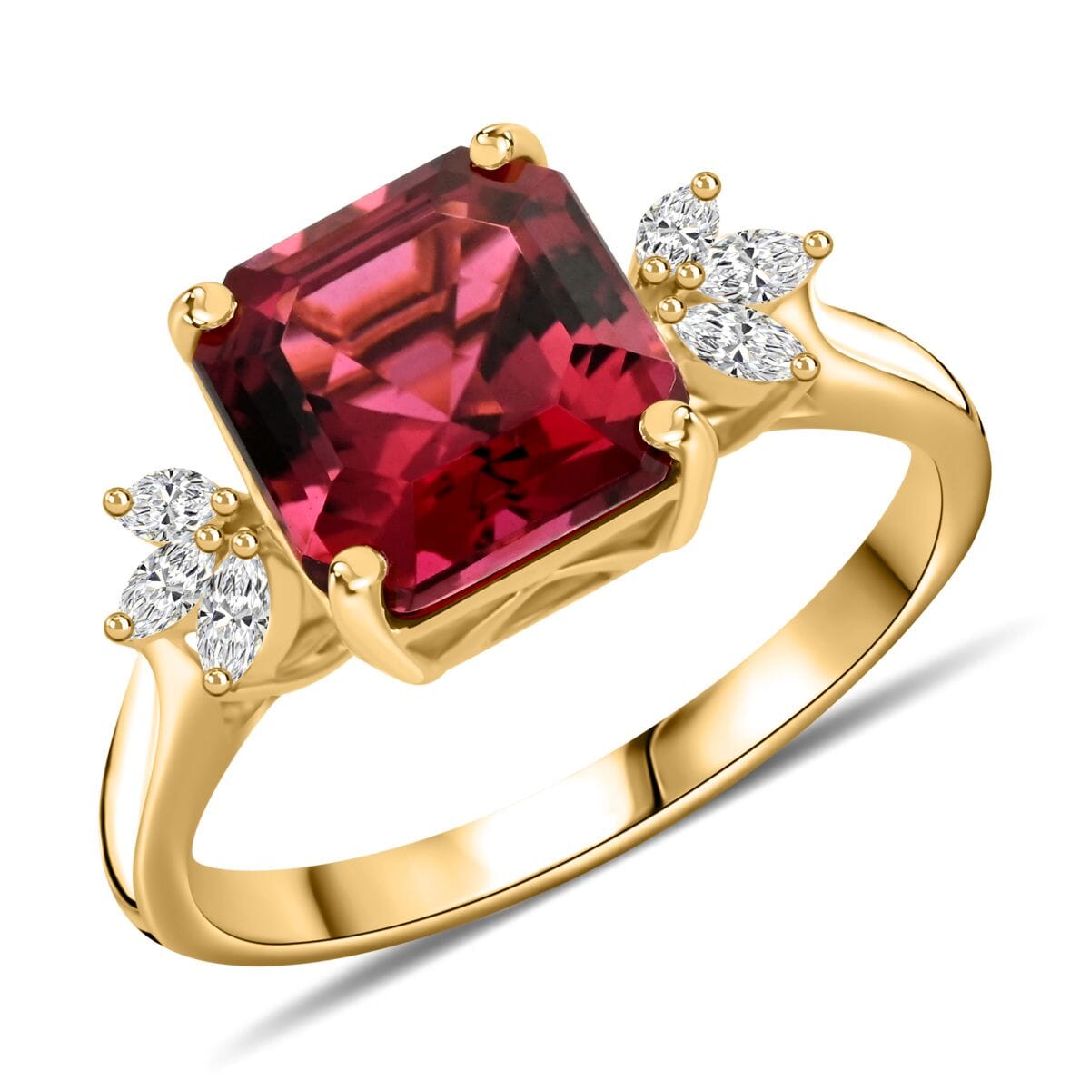 Certified & Appraised Iliana AAA Asscher Cut Ouro Fino Rubellite and G-H SI Diamond 2.90 ctw Ring in 18K Yellow Gold (Size 6.0) image number 0