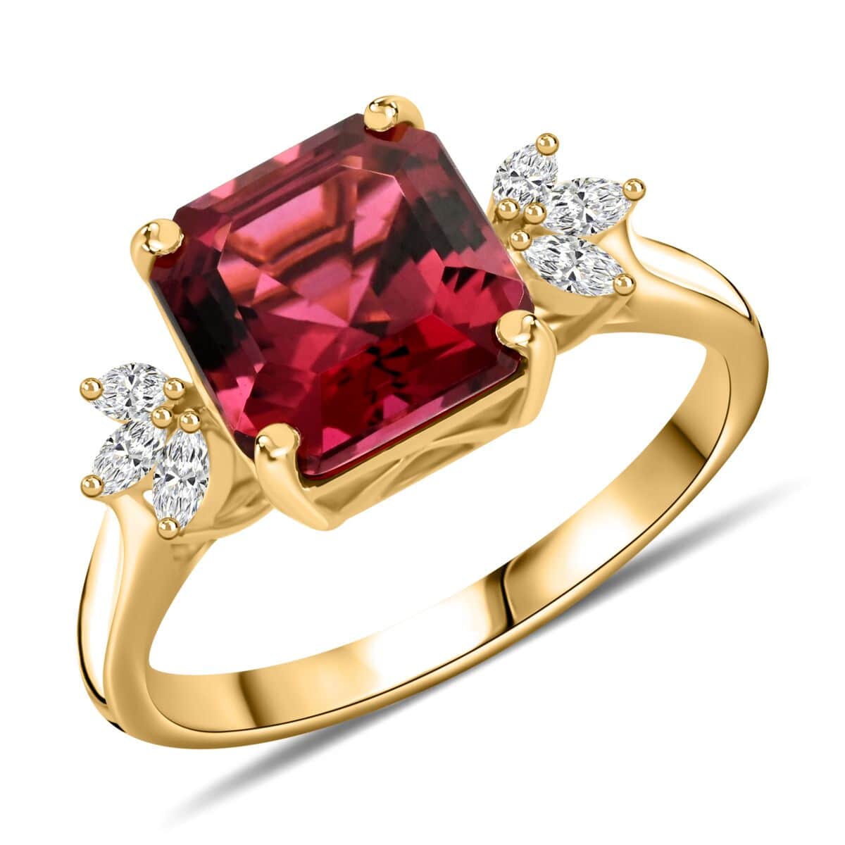 One Of A Kind Certified & Appraised Iliana AAA Asscher Cut Ouro Fino Rubellite and G-H SI Diamond 2.90 ctw Ring in 18K Yellow Gold (Size 8.0) image number 0