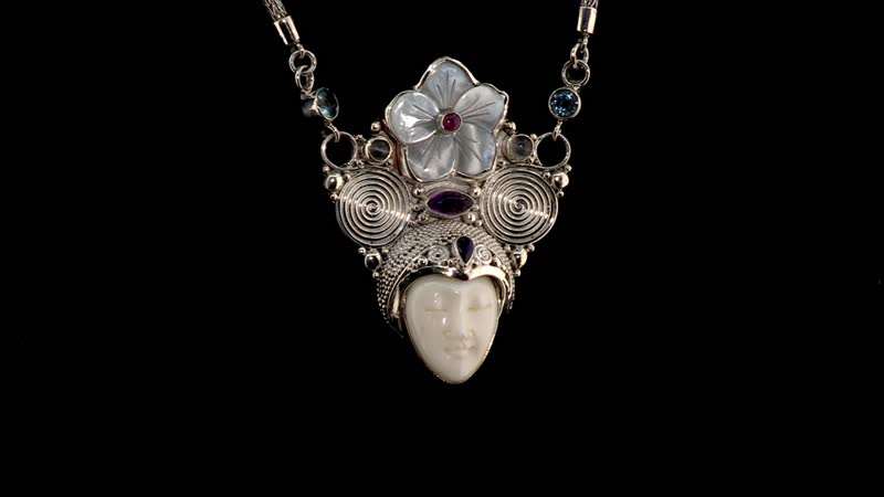 Sajen Silver Carved Bone and Multi Gemstone Necklace 20 Inches in Sterling Silver 2.85 ctw