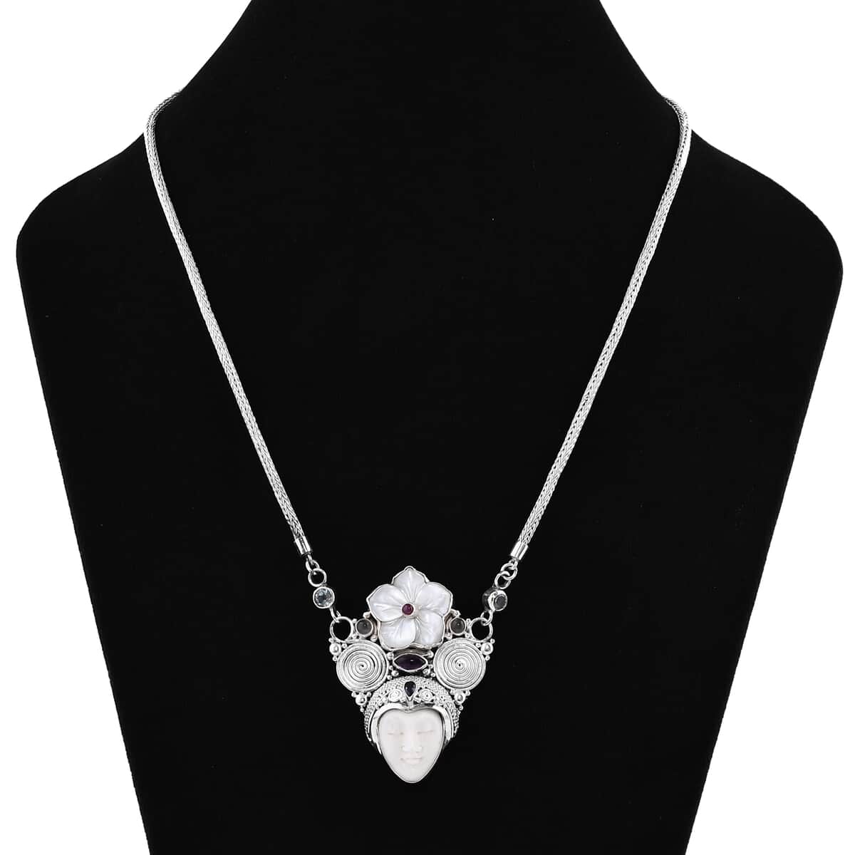 Sajen Silver Carved Bone and Multi Gemstone Necklace 20 Inches in Sterling Silver 2.85 ctw image number 2