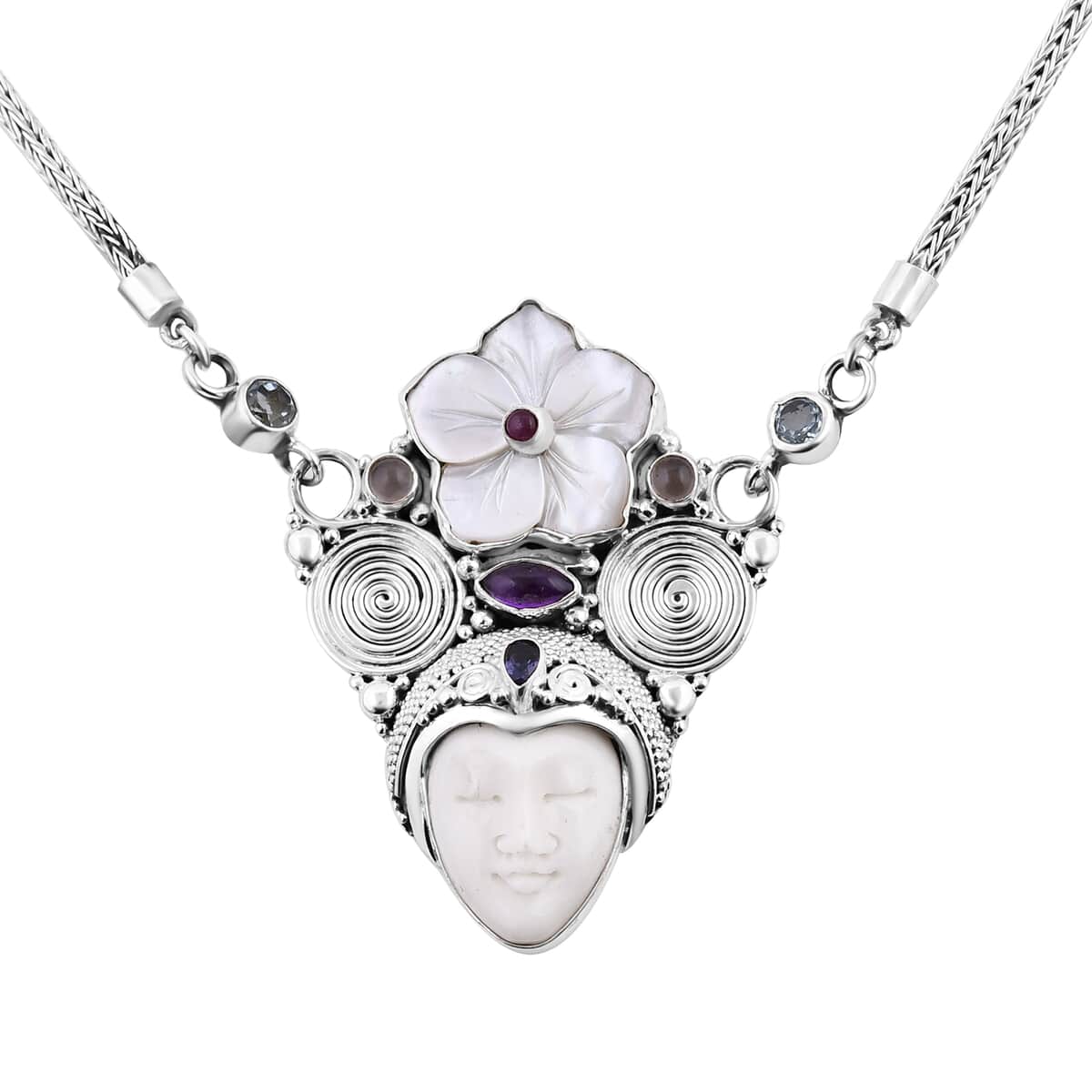 Sajen Silver Carved Bone and Multi Gemstone Necklace 20 Inches in Sterling Silver 2.85 ctw image number 3