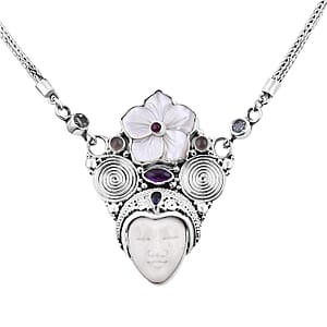 Sajen Silver Carved Bone and Multi Gemstone Necklace 20 Inches in Sterling Silver 2.85 ctw