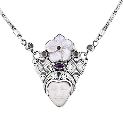 Sajen Silver Carved Bone and Multi Gemstone Necklace 20 Inches in Sterling Silver 2.85 ctw