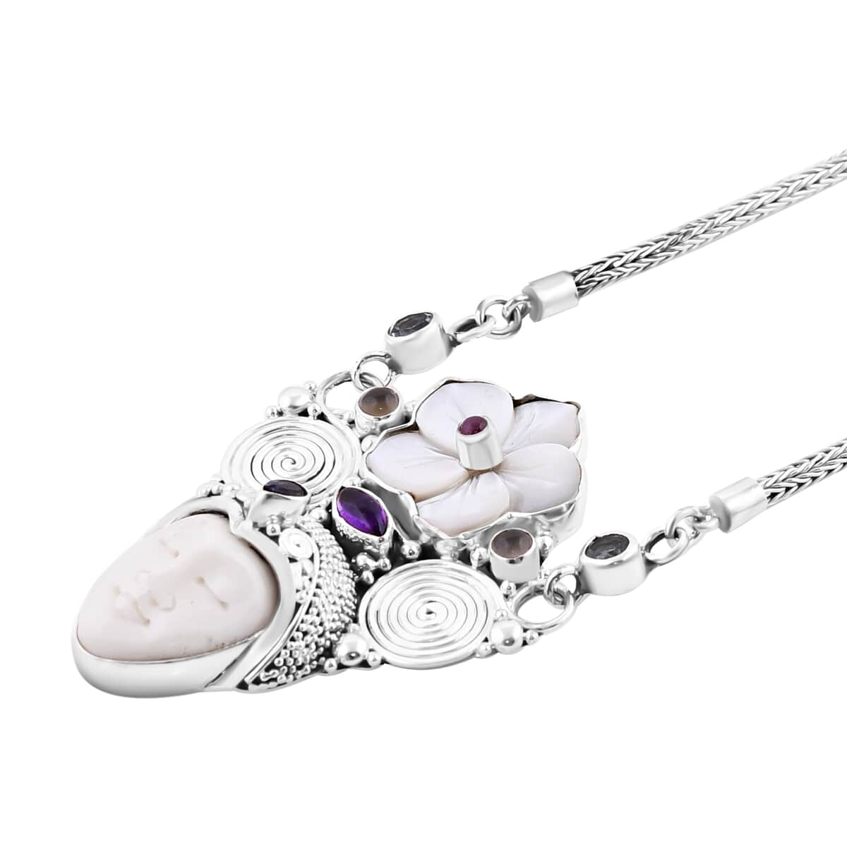 Sajen Silver Carved Bone and Multi Gemstone Necklace 20 Inches in Sterling Silver 2.85 ctw image number 4