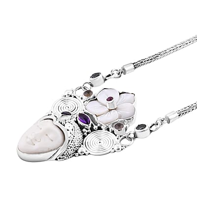 Sajen Silver Carved Bone and Multi Gemstone Necklace 20 Inches in Sterling Silver 2.85 ctw
