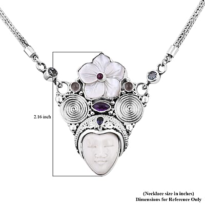Sajen Silver Carved Bone and Multi Gemstone Necklace 20 Inches in Sterling Silver 2.85 ctw
