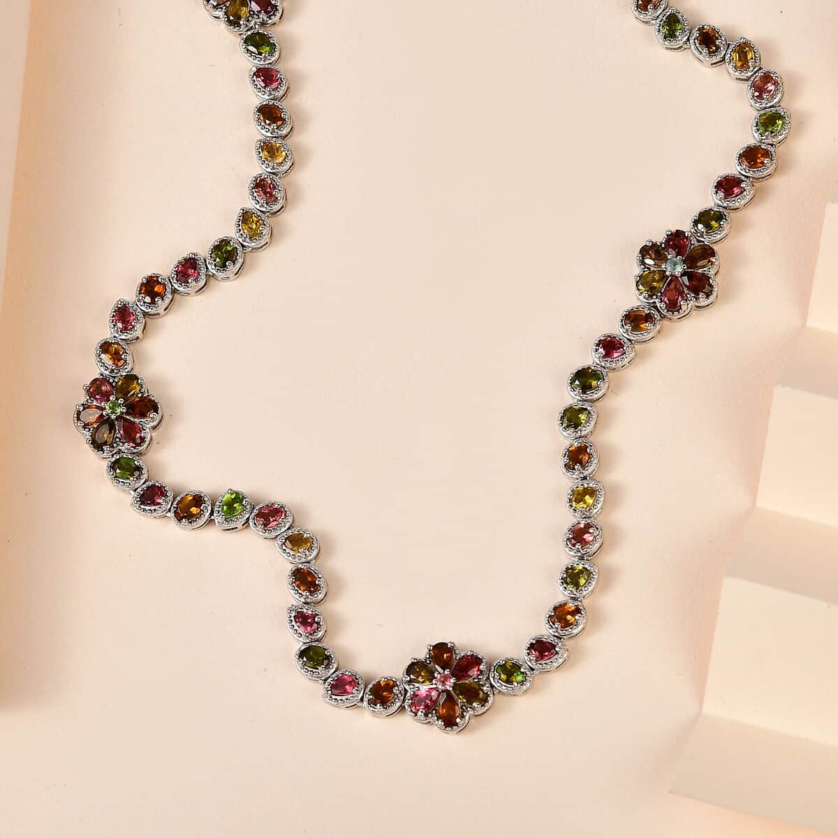 Multi-Tourmaline Floral Necklace 18 Inches in Platinum Over Sterling Silver 18.10 ctw image number 1