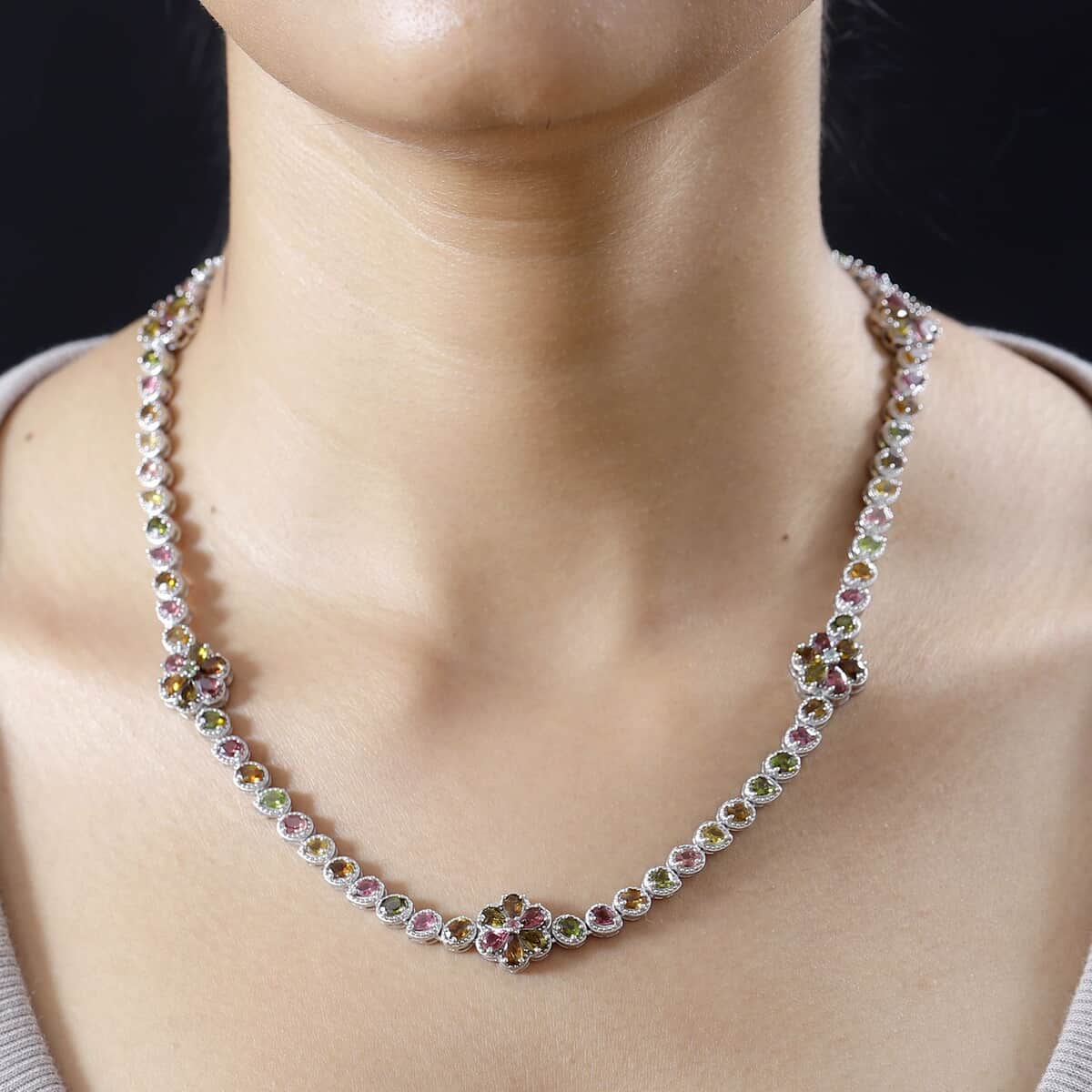 Multi-Tourmaline Floral Necklace 18 Inches in Platinum Over Sterling Silver 18.10 ctw image number 2