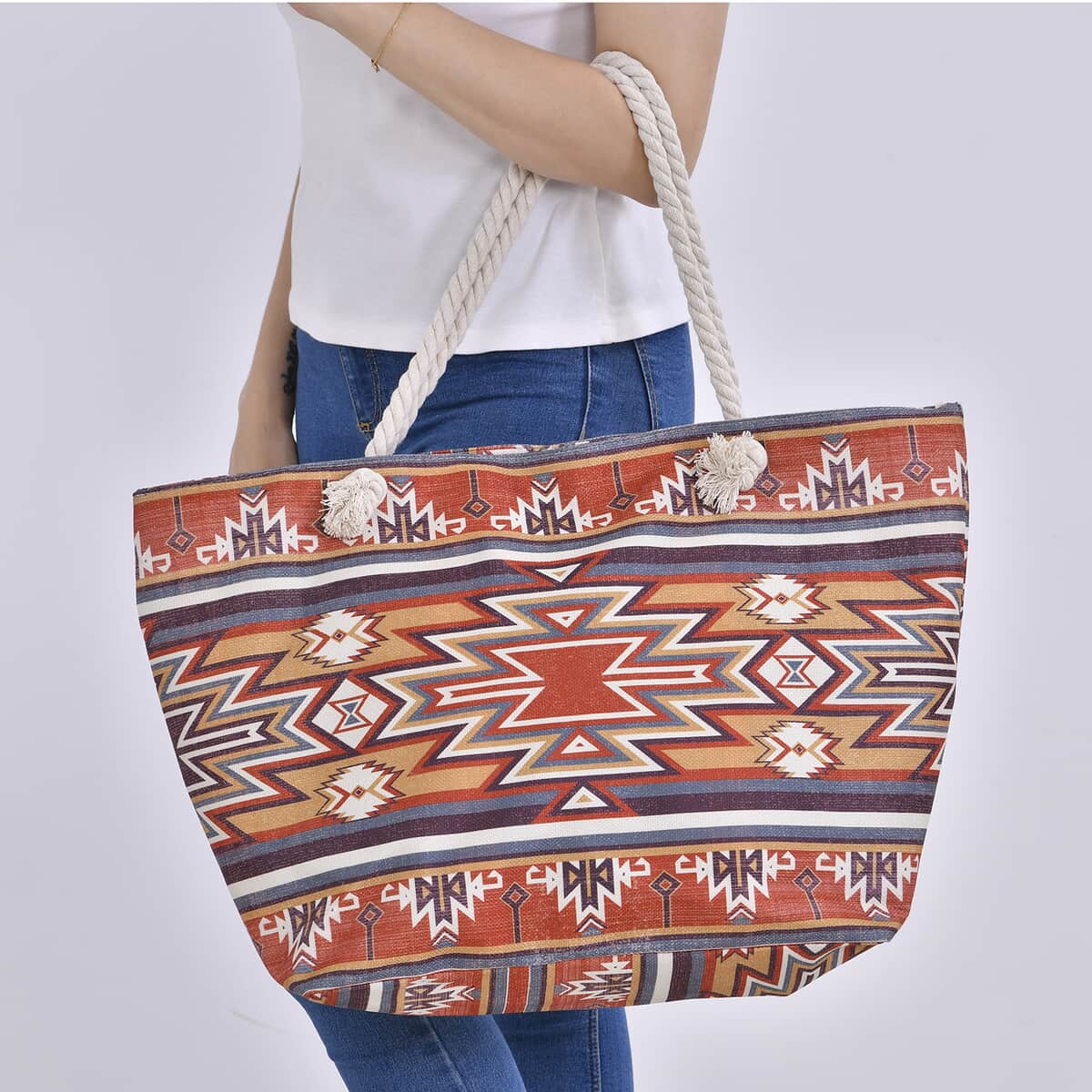 Brown Santa Fe Printed Tote Bag (16"x7.9"x15") with Handle Drop (11.8") image number 2