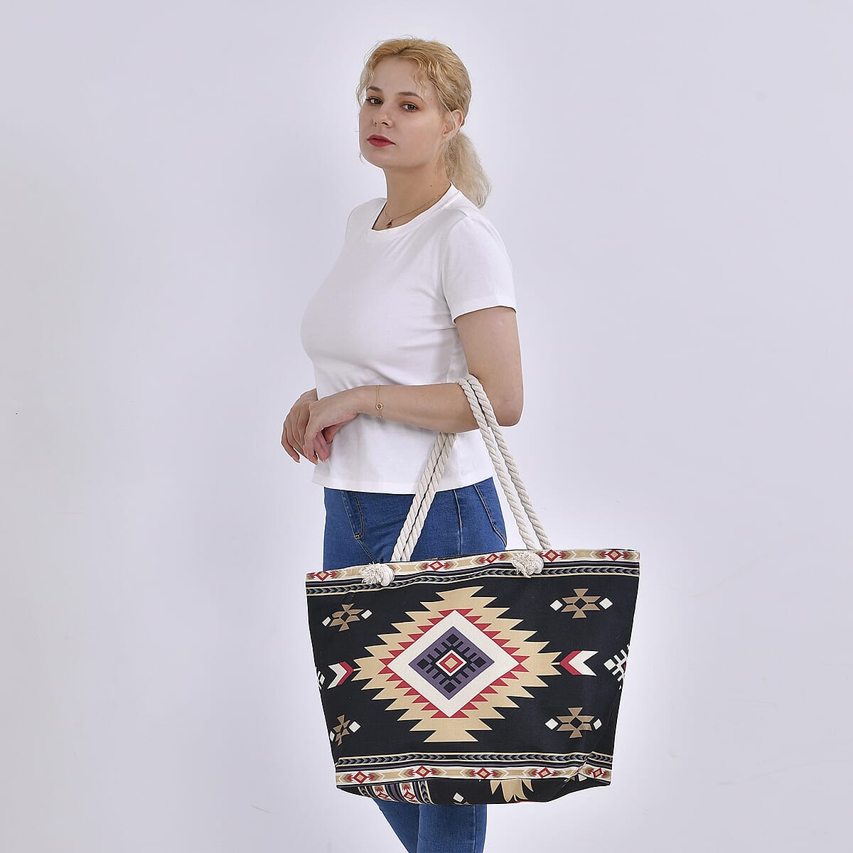 Black Santa Fe Printed Tote Bag with Handle Drop image number 1