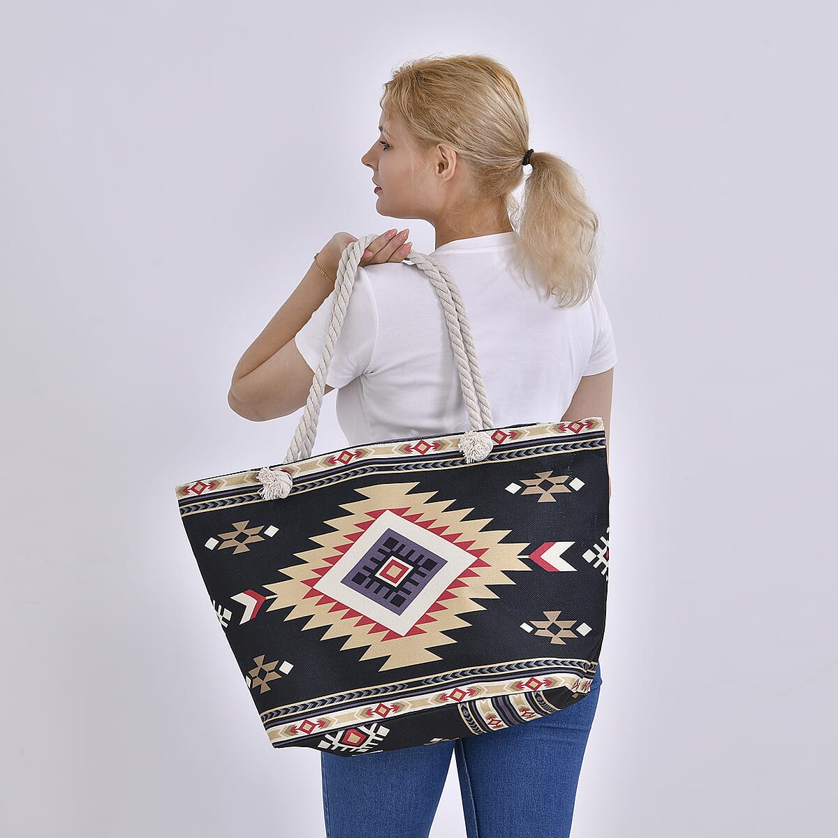 Black Santa Fe Printed Tote Bag with Handle Drop image number 2