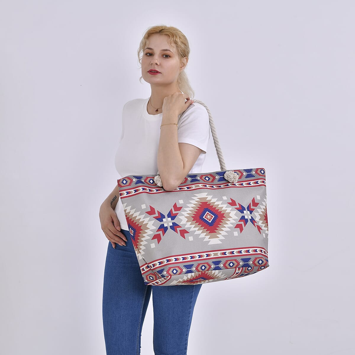 Beige Santa Fe Printed Tote Bag with Handle Drop image number 1