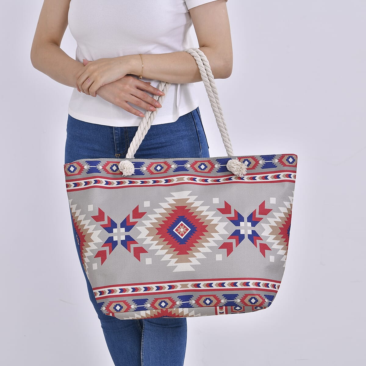 Beige Santa Fe Printed Tote Bag with Handle Drop image number 2