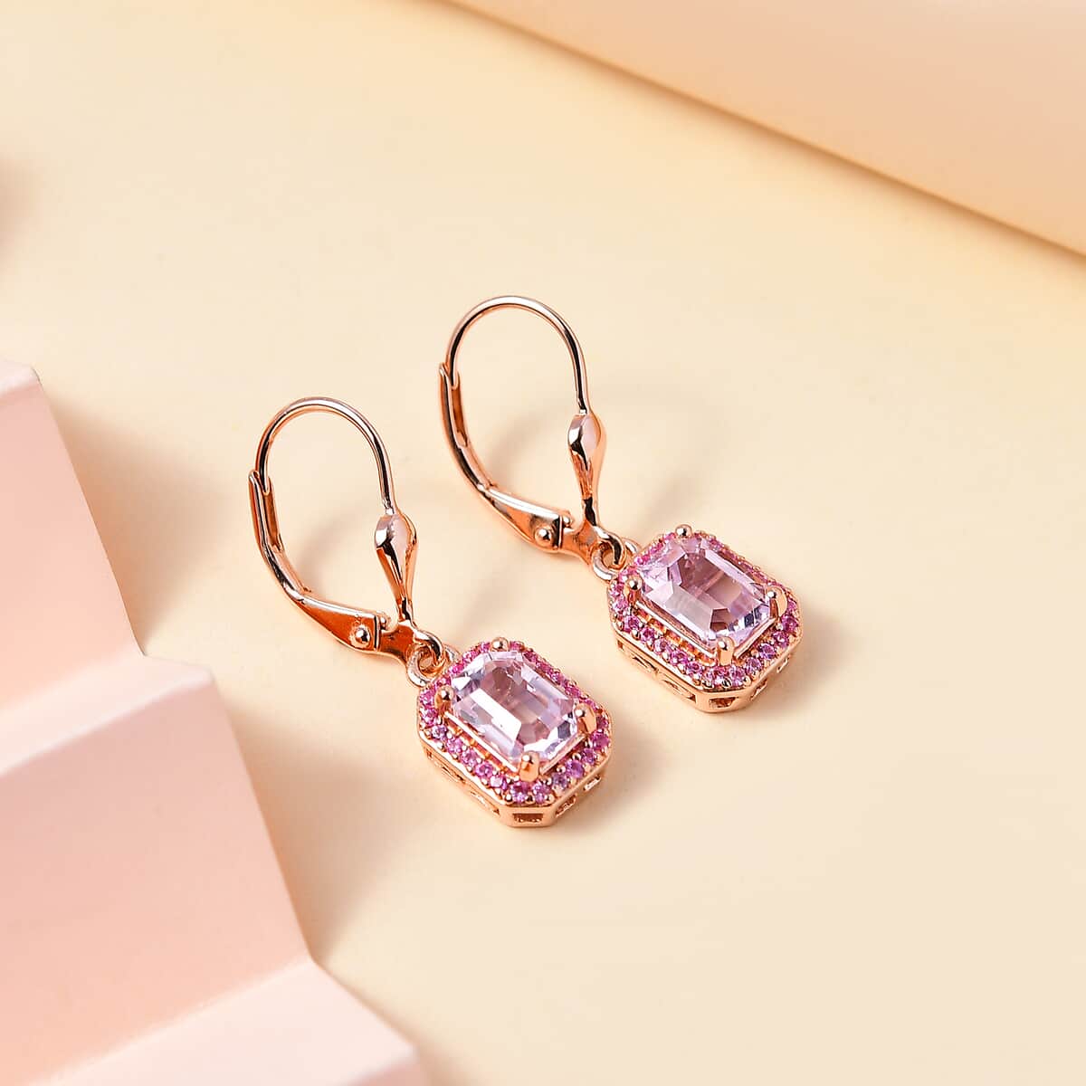 Premium Kunzite and Madagascar Pink Sapphire 2.75 ctw Lever Back Earrings in Vermeil Rose Gold Over Sterling Silver image number 1