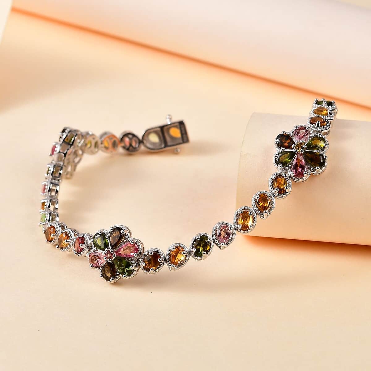 Multi-Tourmaline Floral Bracelet in Platinum Over Sterling Silver (6.50 In) 7.60 ctw image number 1