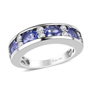 Tanzanite and Moissanite Half Eternity Band Ring in Platinum Over Sterling Silver (Size 5.0) 1.60 ctw