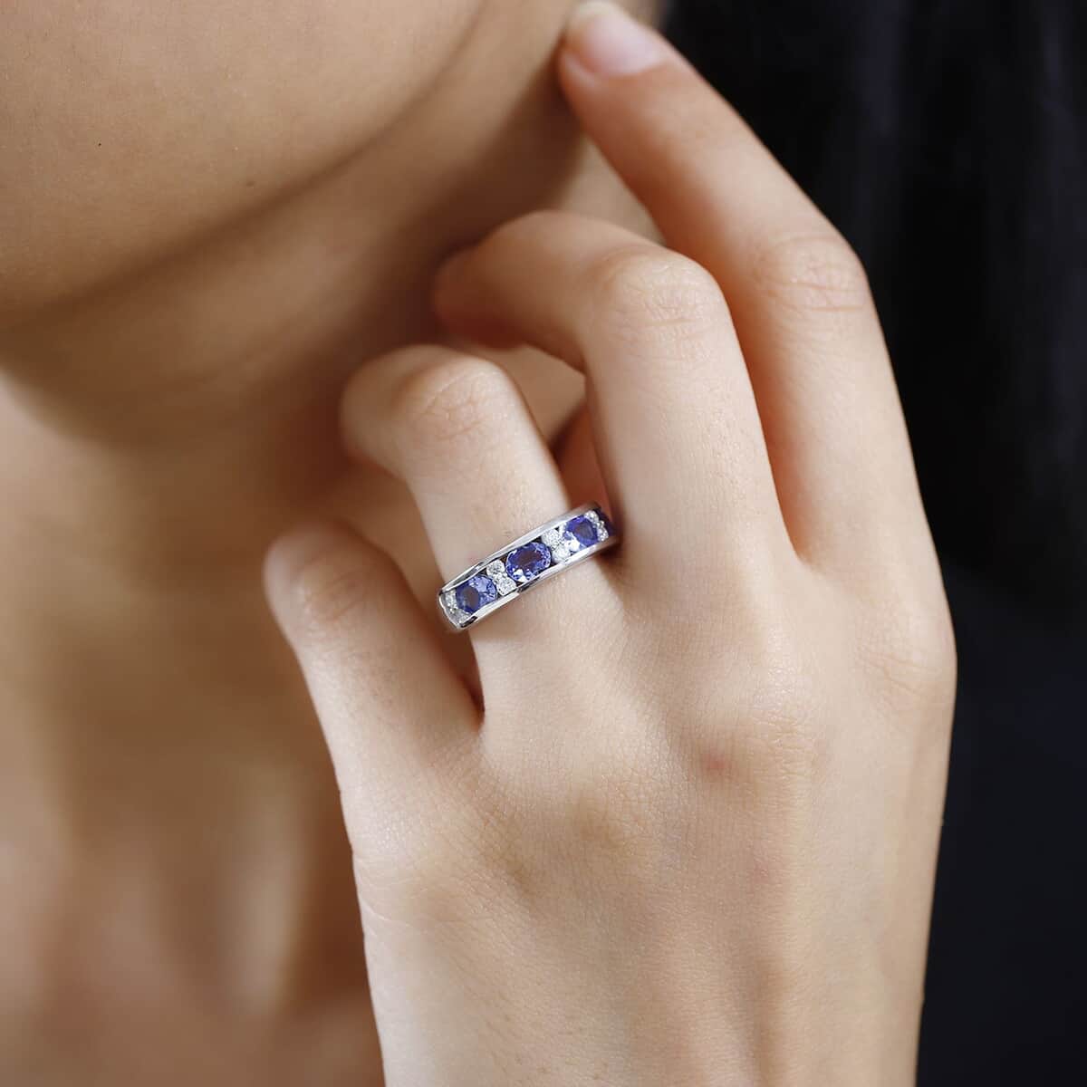 Tanzanite and Moissanite Half Eternity Band Ring in Platinum Over Sterling Silver (Size 5.0) 1.60 ctw image number 2
