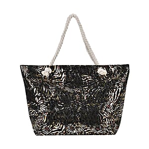 Black Zebra Printed Polyester and Cotton Large Tote Bag (15x7.9x15) with handle Drop