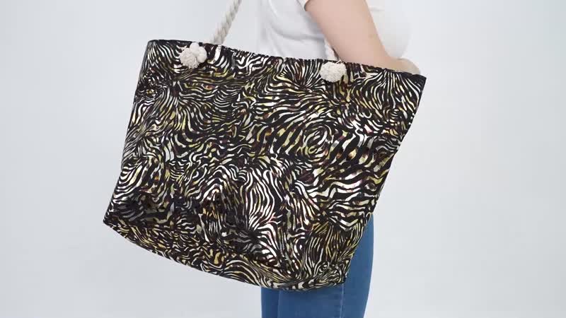 Black Zebra Printed Polyester and Cotton Large Tote Bag (15"x7.9"x15") with handle Drop