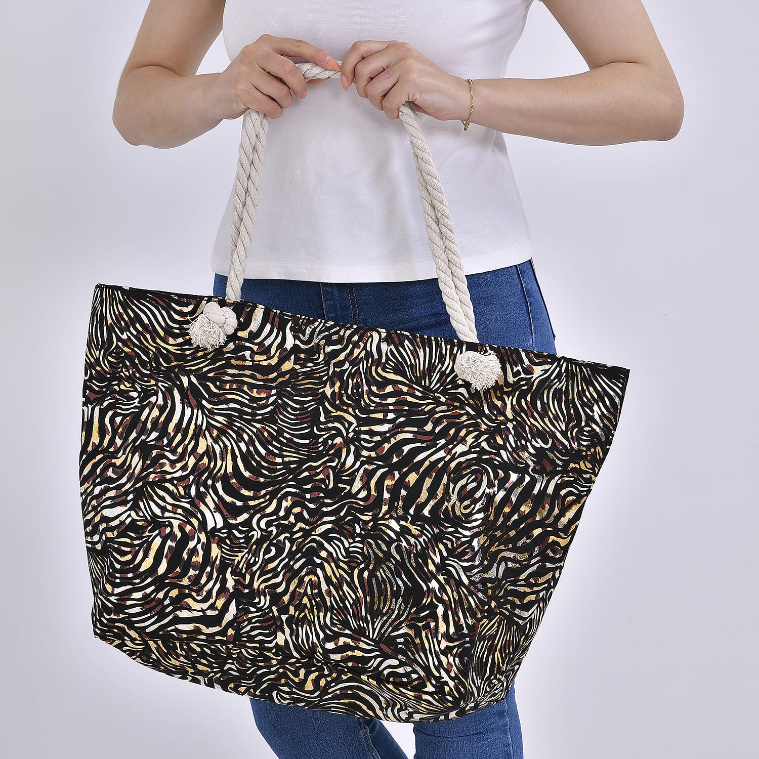 Buy Black Zebra Printed Polyester and Cotton Large Tote Bag (15x7