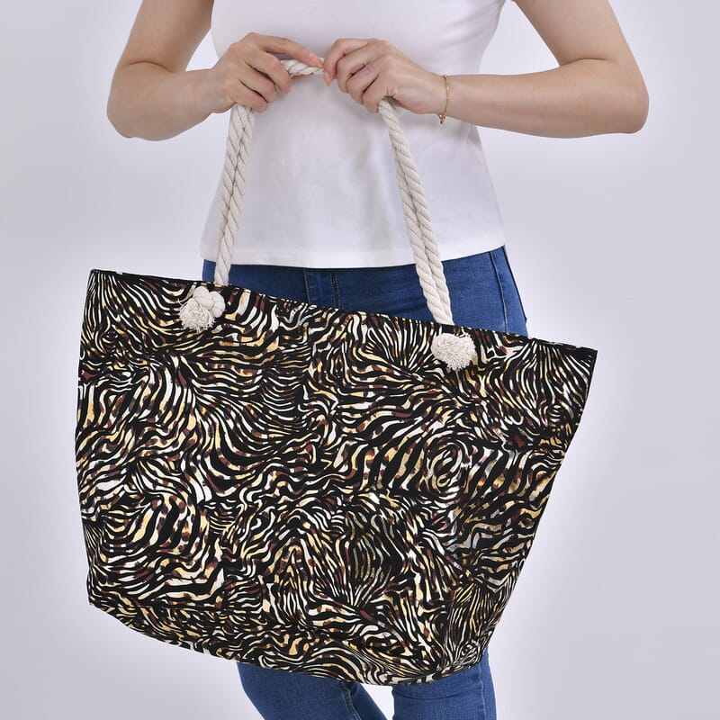 Black Zebra Printed Polyester and Cotton Large Tote Bag (15x7.9x15) with handle Drop