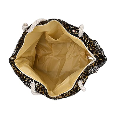 Black Zebra Printed Polyester and Cotton Large Tote Bag (15x7.9x15) with handle Drop